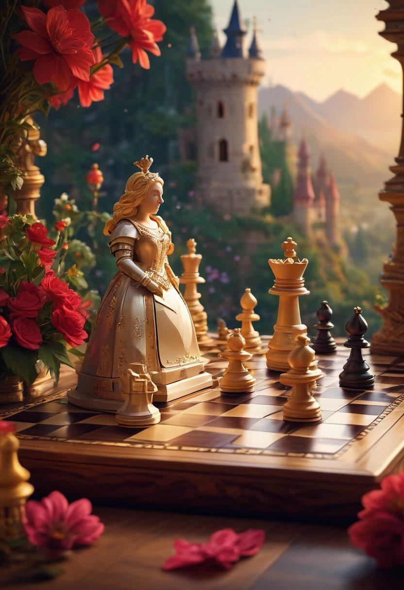 A dynamic scene featuring a chessboard with intricate pieces representing different aspects of love, like a knight symbolizing friendship and a queen representing passion. In the background, a whimsical landscape blending elements of gaming and romance, such as pixelated hearts and flowers. Soft, warm lighting to evoke a sense of adventure and intimacy. The overall tone should be vibrant and playful. pixel art. vibrant colors.
