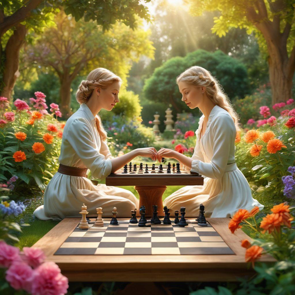 A serene chessboard set in a lush garden, with two people deeply engaged in a match, their expressions reflecting concentration and camaraderie. In the background, vibrant flowers bloom and a gentle breeze ruffles the leaves, symbolizing connection and competition. Soft sunlight filters through the trees, creating a warm, inviting atmosphere. super-realistic. vibrant colors. 3D.