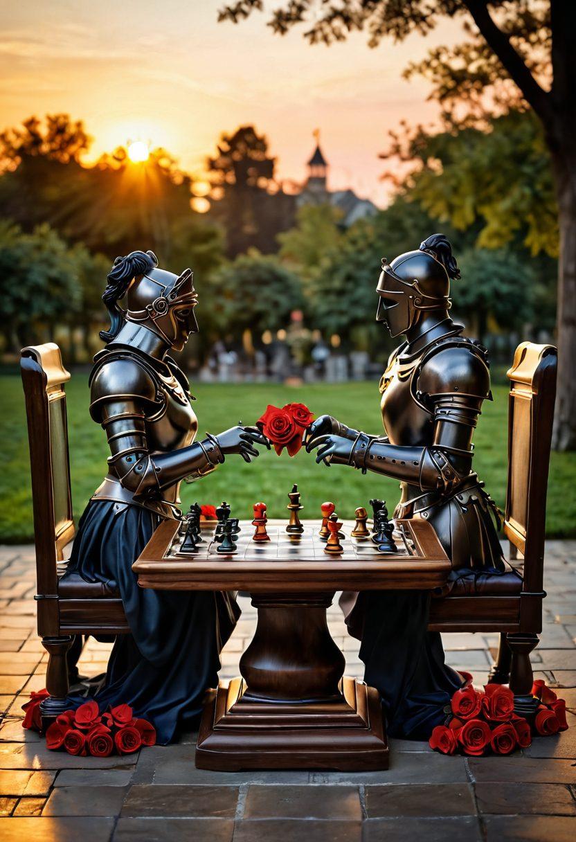 A beautifully staged chessboard, with intricately designed pieces that symbolize love and passion, such as heart-shaped knights and queen pieces adorned with roses. Soft candlelight casts gentle shadows over the board, suggesting an intimate atmosphere, while two hands reaching towards each other underscore the theme of connection through the game. The background is a warm, romantic setting, perhaps a cozy café or park at sunset. painterly style. vibrant colors.